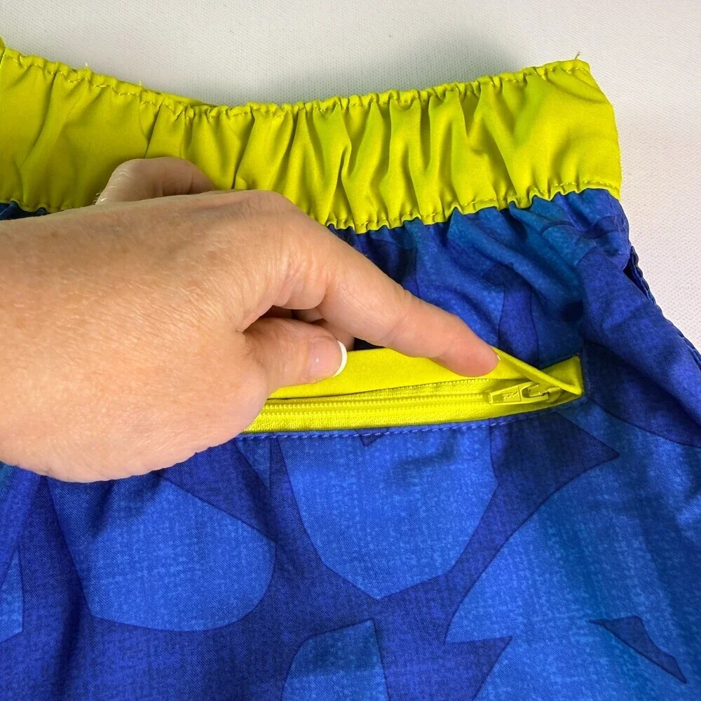 Speedo Men's Swim Trunks Size L Royal Blue Lime Green Geometric Pockets Lined